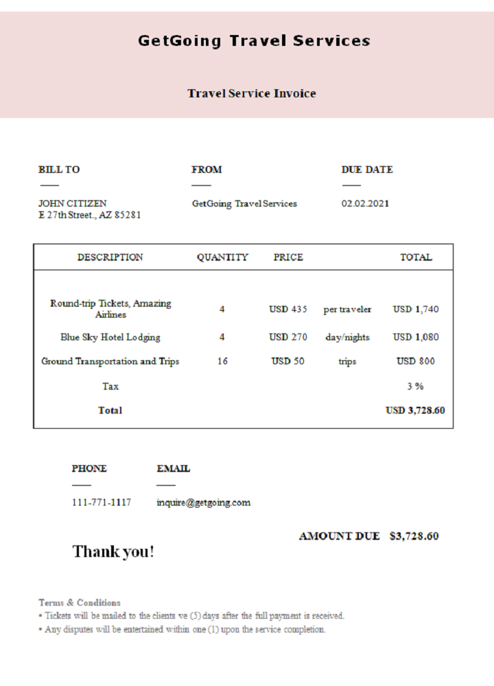 USA GetGoing Travel Services invoice PSD template